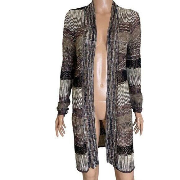Chico’s Brown & Gold Cable Knit Cardigan open front below the knee loose knit - Picture 1 of 7